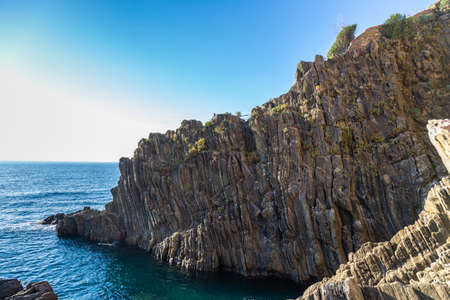 Cinque Terre coast and small towns with vibrant colorful houses in La Spezia, Italy.の写真素材