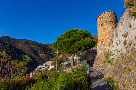 Cinque Terre coast and small towns with vibrant colorful houses in La Spezia, Italy.の写真素材