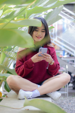 Portrait of thai adult beautiful girl red sweater using her smart phoneの写真素材