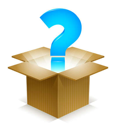 Blue Question Mark in shining light, floating out of a corrugated cardboard box  Labeled Global Color Swatches for ultra simple color editing  EPS10 Vector のイラスト素材