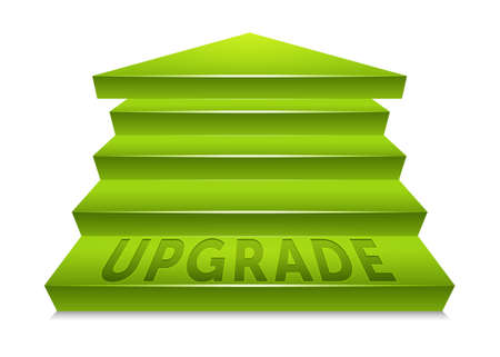 Green staircase pointed upward, ending at an arrow point  Text reading upgrade embedded in the bottom step  Labeled Global Color Swatches for ultra simple color editing  EPS10 Vector のイラスト素材