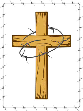 Wooden Christian Cross With Barbed Wire Vector Artのイラスト素材