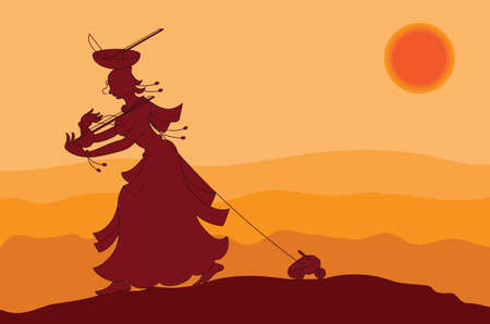 Shadow Art, Village Women Toy Seller Playing And Selling Music Instrument (Ek Tara) Like Violin Vector Artのイラスト素材