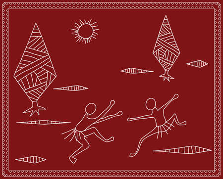 Folk Dancers Tribal Design, Motif, Wall Painting Vector Artのイラスト素材