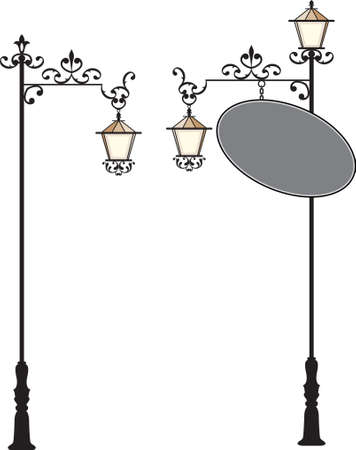 Wrought Iron Signage With Lamp, Lantern Vector Artのイラスト素材