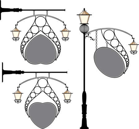 Wrought Iron Signage With Lamp, Lantern Vector Artのイラスト素材