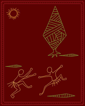 Folk Dancers Tribal Design, Motif, Wall Painting Vector Illustrationのイラスト素材