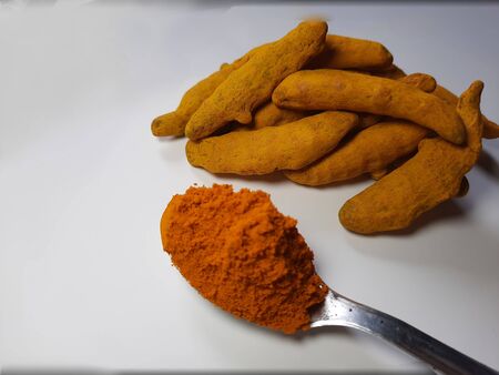 Turmeric powder studio table Turmeric powder stock photos.の写真素材
