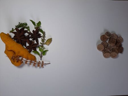 Herbal medicine VS brown pills isolated medicine the alternative healthy car .Leaf ,medical on white background.の写真素材