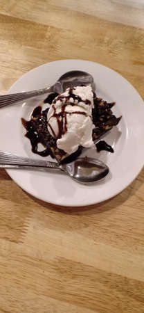 Chocolate Brownie with Vanilla Ice Cream ,Chocolate Brownie with Vanilla and chocolate Ice Creamの写真素材
