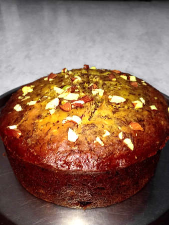 Gluten free banana bread made of almond flour instead of regular flour. Bread contains raw almond flour meal,bananas, butter, honey, eggs, baking soda. Gluten free ,specific carbohydrate diet.の写真素材