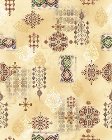 Seamless pattern with abstract ethnic ornament on old paper texture.の写真素材
