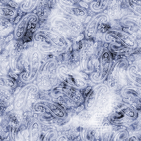 Seamless indigo blue paisley pattern on white backgroundの写真素材