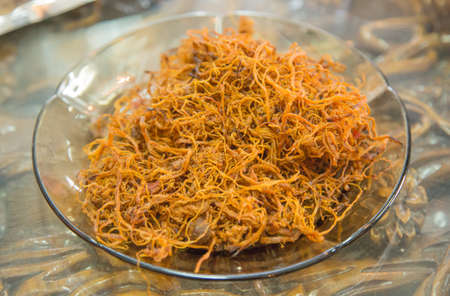 dried shredded pork on transparent dishの写真素材