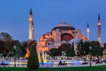 View of beautiful Hagia Sophia with a colorful flowerbed with flowers, Christian patriarchal basilica, imperial mosque and now a museum, Istanbul, Turkeyのeditorial素材