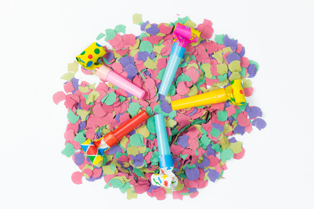 confetti and party blower on white backgroundの写真素材