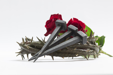 Jesus Christ crown of thorns, nails and two roses on a white background.の写真素材