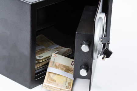 Safe Deposit Box, Pile of Cash Money, Euros. On white background