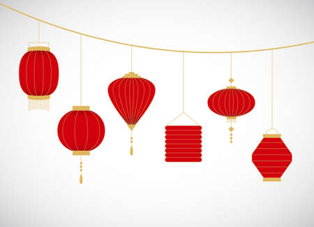 Golden red Asian lanterns vector illustration. Chinese New Year decoration.のイラスト素材