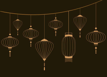 Vector illustration of golden line lanterns with dark background. Gold represents the lunar new year's rolling in wealth.のイラスト素材