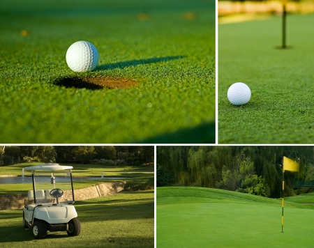 Various golf image collage of white golf ball on putting green next to hole, golf cart and flagの写真素材