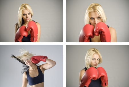 Collage combination of pretty fit blond woman boxer training or working out with red boxing glovesの写真素材
