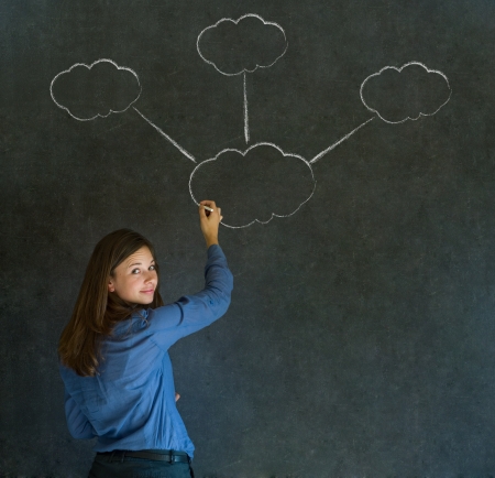 Thinking business woman with chalk cloud thoughts on blackboard backgroundの写真素材