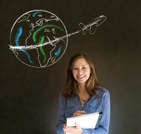 Business woman, student or teacher with chalk globe and jet world travel blackboard backgroundの写真素材
