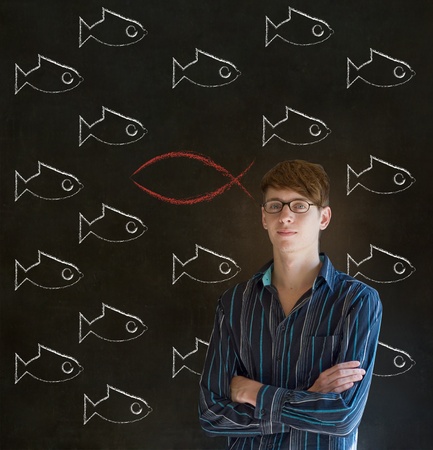 Independent thinking business man, student or teacher considering Jesus, God or Christianityの写真素材