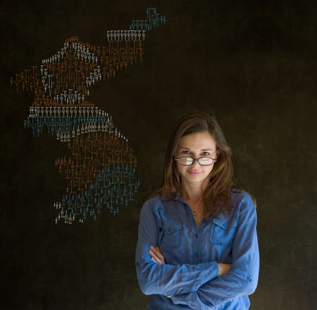 Business woman, student, teacher or politician with missile war map on blackboard background thinking about problems in North and South Koreaの写真素材