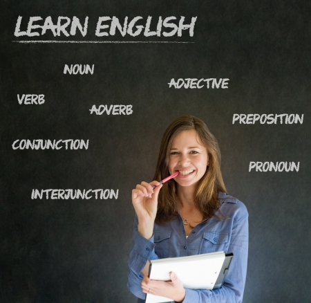 Learn English confident beautiful woman teacher chalk blackboard backgroundの写真素材