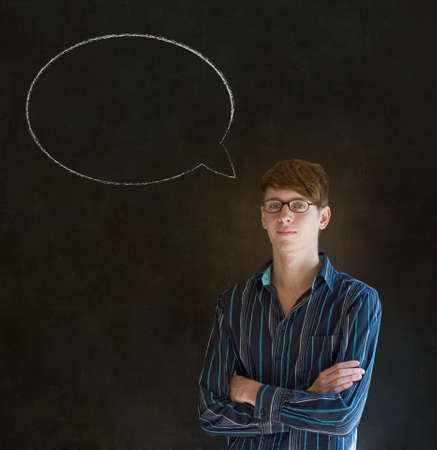 Business man, student or teacher with speech bubble talk talking on blackboard backgroundの写真素材