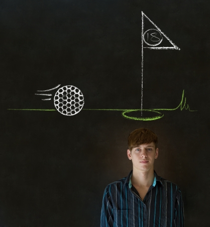 Business man, student or teacher with thought thinking of golf chalk cloud on blackboard backgroundの写真素材