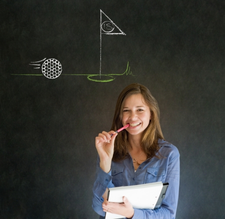 Business woman, student or teacher with thought thinking of golf chalk cloud on blackboard backgroundの写真素材