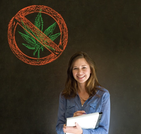 No weed marijuana addict business woman, student or teacher on blackboard backgroundの写真素材
