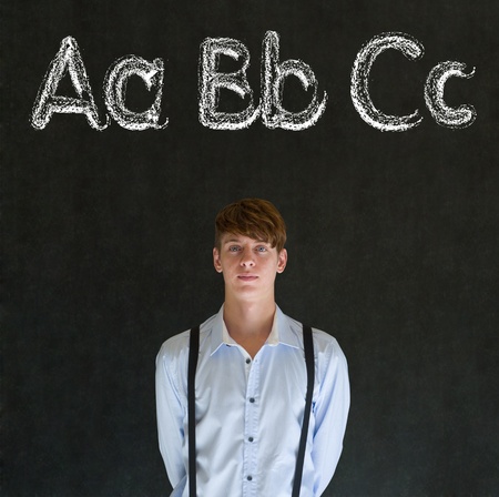 Learn alphabet write writing man teacher on chalk blackboard background
