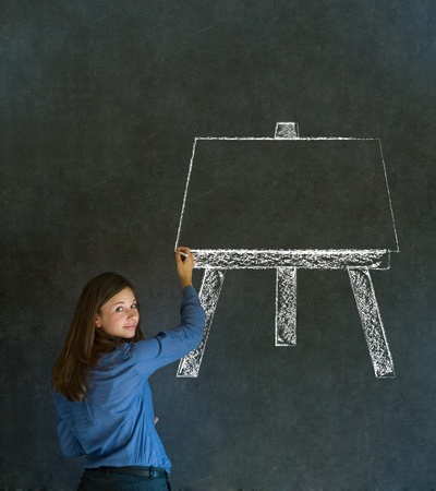 Learn art teacher woman with easel chalk blackboard backgroundの写真素材