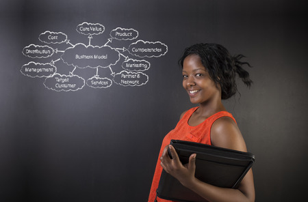 South African or African American woman teacher or student holding a diary against a blackboard background with a chalk business diagramの写真素材