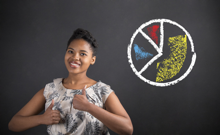 South African or African American black woman teacher or student with a thumbs up hand signal and pie chart standing against a chalk blackboard background insideの写真素材