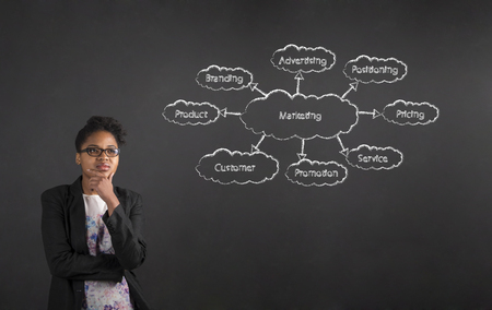 South African or African American black woman teacher or student with her hand on her chin whilst thinking about marketing standing against a chalk blackboard background insideの写真素材