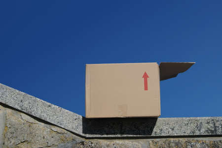 Open cardboard box perched on a wall with blue sky in the background