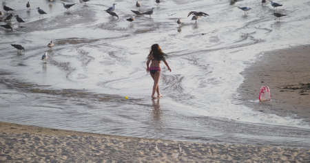 A  girl playing on the beach by the sea with a small yellow ball and with seagulls - wet in the water - backpackの写真素材