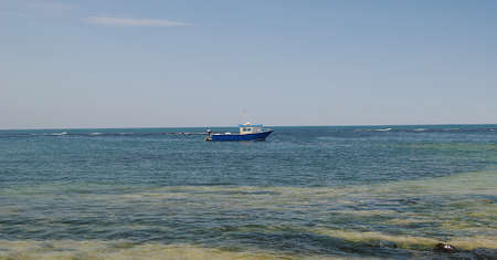 Fish boat stopped and anchored in the ocean near the coastlineの写真素材