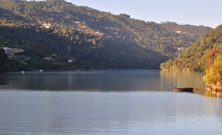 Landscape of the Douro river valley at dawn with small boat anchoredの写真素材