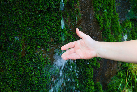 Hand of woman holding water on green mossy rock backgroundの写真素材