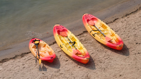 Kayak on the beach, closeup of photo with selective focusの写真素材