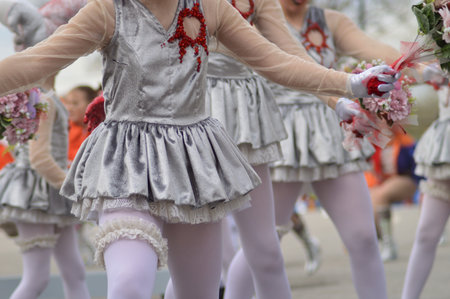 Close-up of girls in carnival costumes at the parade.の写真素材