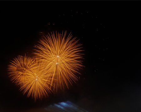 Fireworks on the black sky background with space for your text.