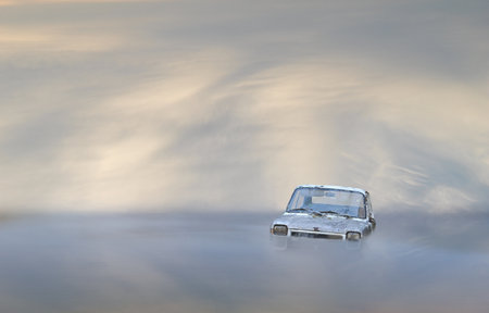 Old car in the sea. 3d rendering. Computer digital drawing.