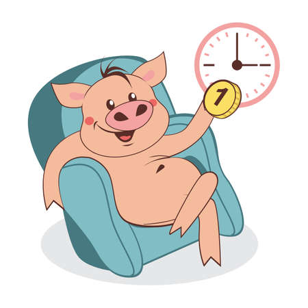 Postcard pig in a chair holding a coin illustration.のイラスト素材